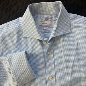 Charles Tyrwhitt Dress Shirt Blue Fitted 16.5 35 Slim Fit Houndstooth L